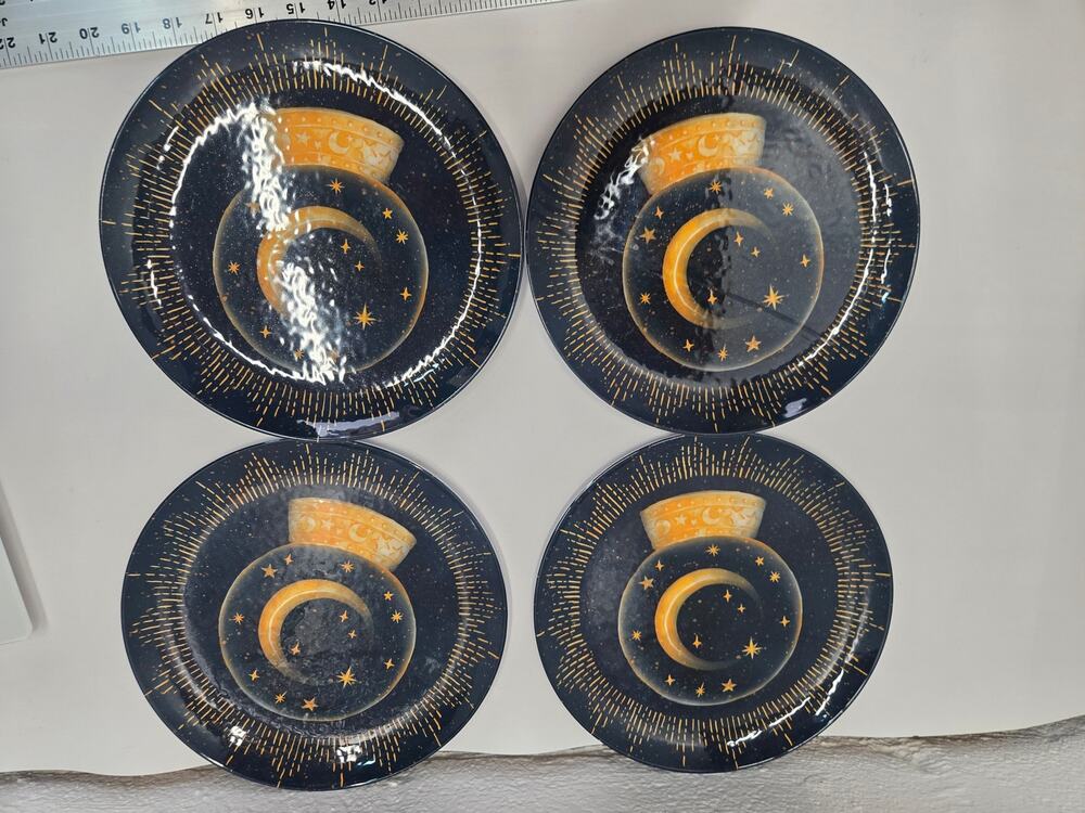 Celestial Crystal Ball Moon Stars Dinner Plates Black Gold 10 Inch Set of 4